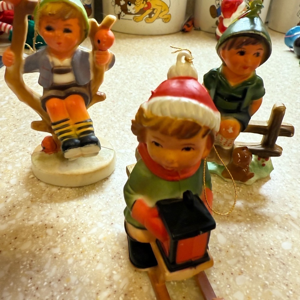3 Vintage Hummel Style Ornaments Little Boy on Fence Little Girl on Sled plastic